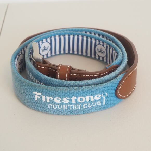 PETER MILLAR Embroidered Canvas & Leather Belt Firestone Country Club Sz 34 Blue - Picture 1 of 10